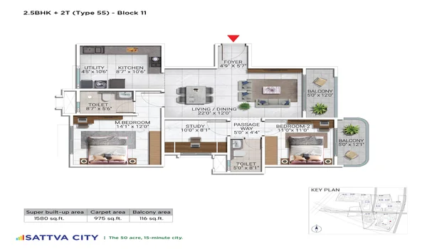 Featured Image of Sattva City 2.5 BHK 1580 Sq Ft Floor Plan
