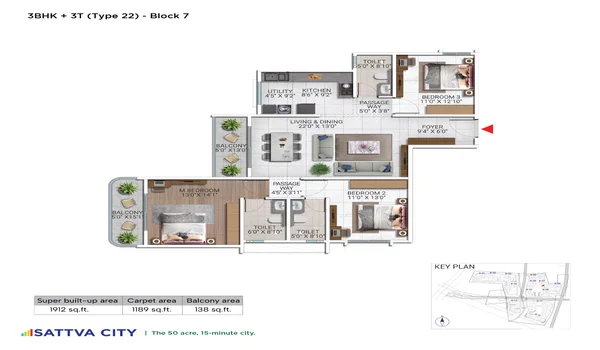 Featured Image of Sattva City 3 BHK 1912 Sq Ft Floor Plan