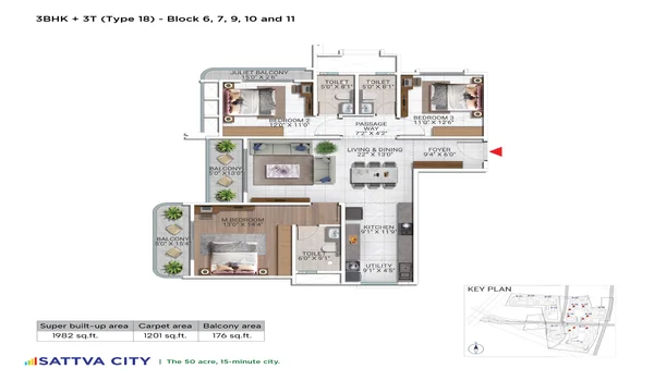 Featured Image of Sattva City 3 BHK 1982 Sq Ft Floor Plan