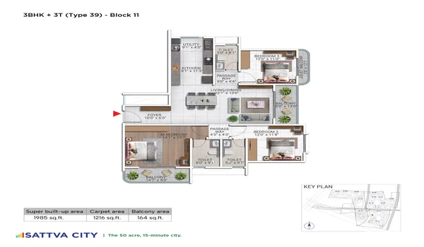 Featured Image of Sattva City 3 BHK 1985 Sq Ft Floor Plan