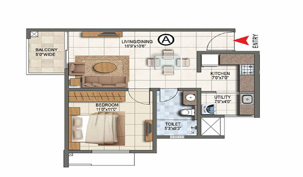Sattva Hamlet 1 BHK Apartment Floor Plan